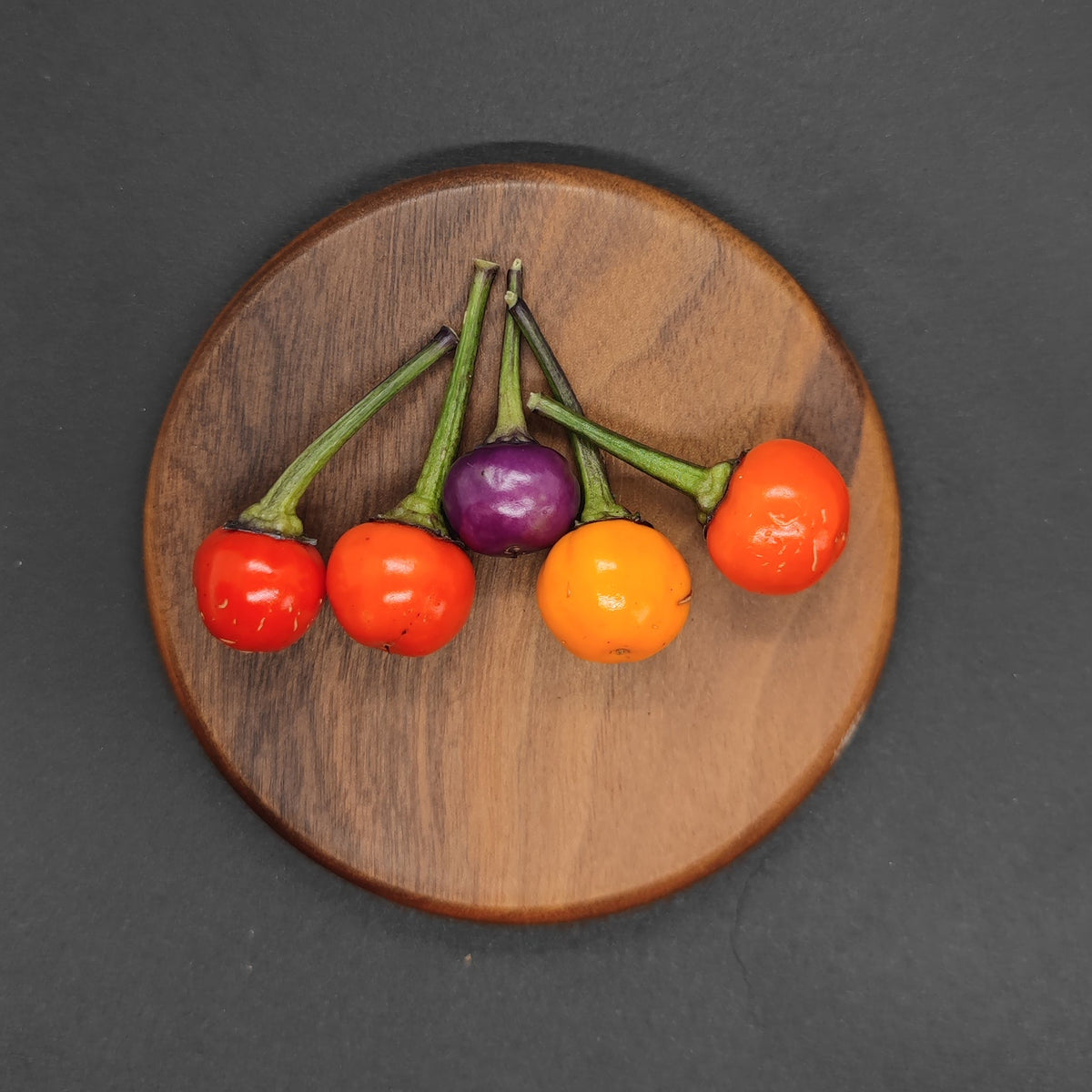 Four small Faddas AC101B peppers from PepperMerchant.net—two red, one purple mottled, and one orange—are arranged on a round wooden plate against a dark background, each variety known for its mild heat and subtle Italian pepper flavor.