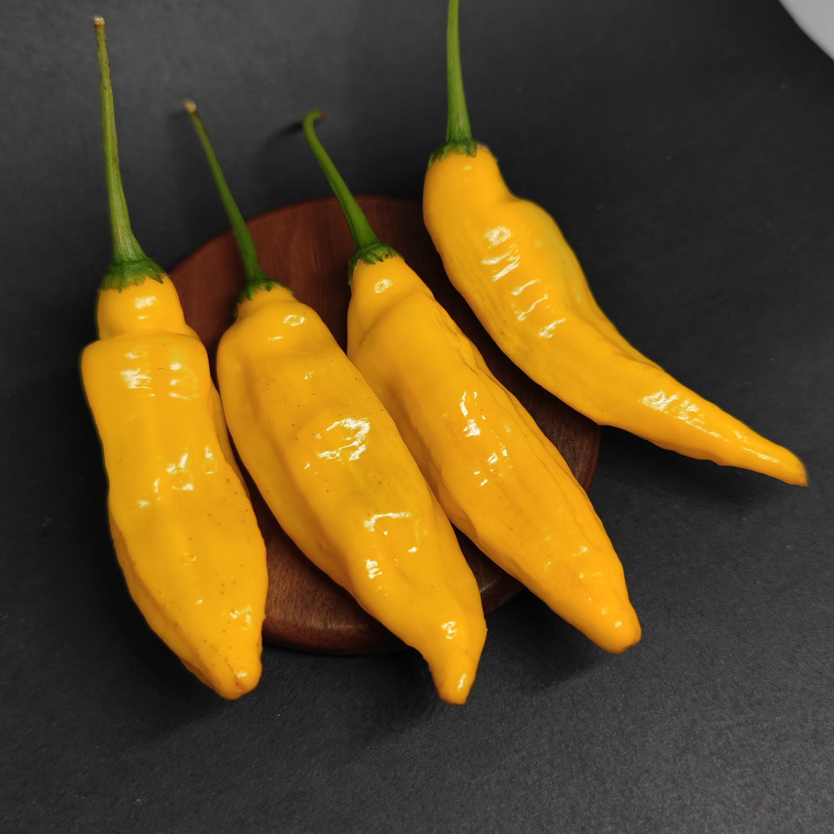 Four bright yellow Aji Limon (Lemon Drop) peppers with green stems resting on a small wooden coaster.