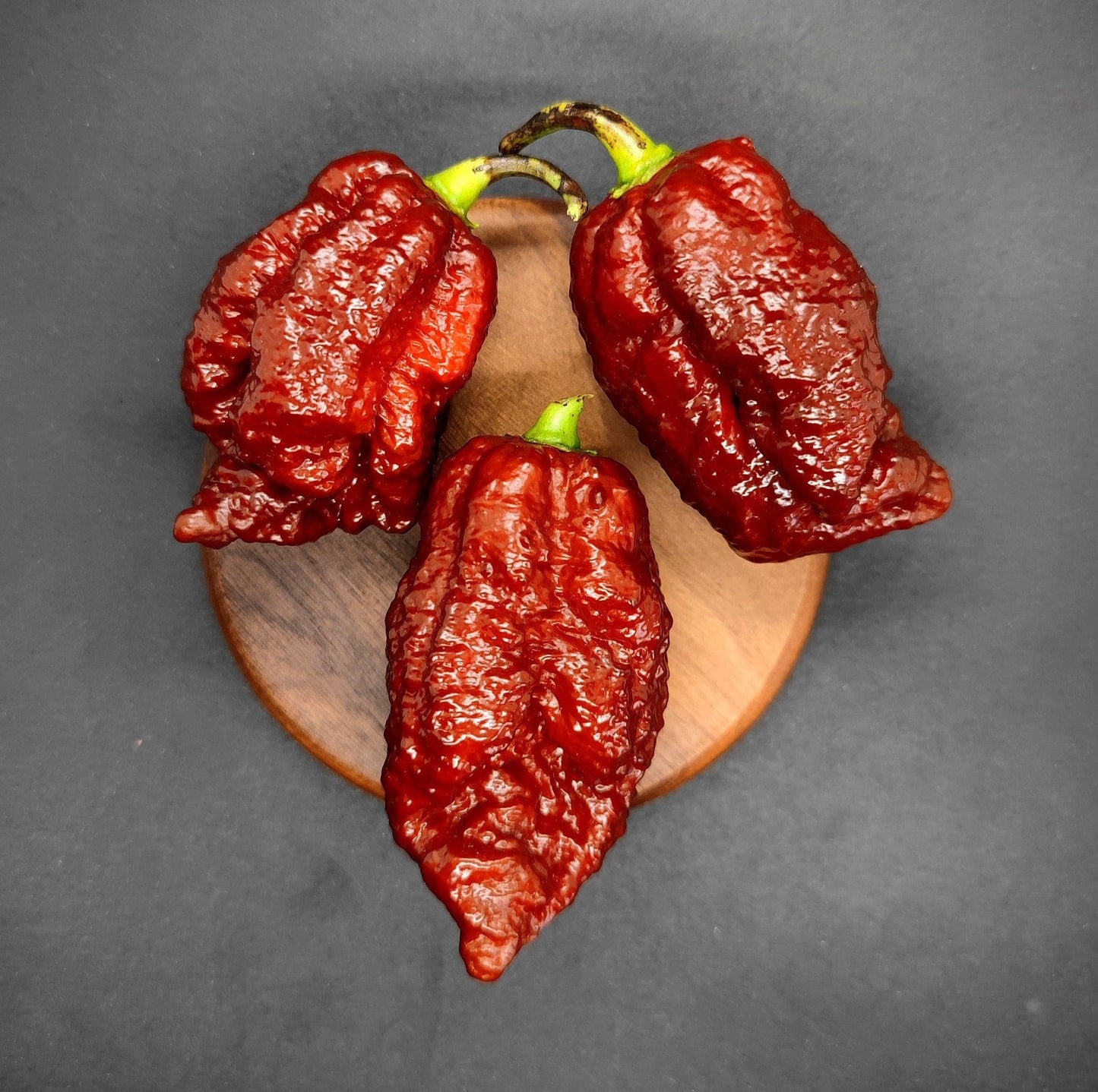 Three Hellboy chili peppers from PepperMerchant.net, dark red and heavily wrinkled with green stems, rest on a small wooden board against a dark gray background. With their highly textured surface and off-the-charts Scoville Heat Unit rating, these chili peppers promise intense heat.