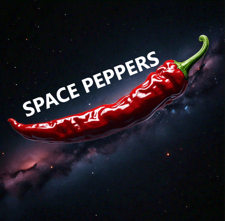 A large red chili pepper with a green stem floats against a cosmic background of stars and nebulae. The words "SPACE PEPPERS" are written diagonally across the pepper in white text.