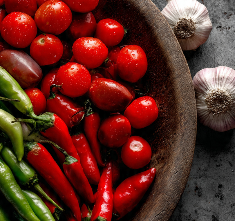 A wooden bowl filled with fresh cherry tomatoes, red chili peppers, and green chili peppers sits on a dark surface next to two heads of garlic.