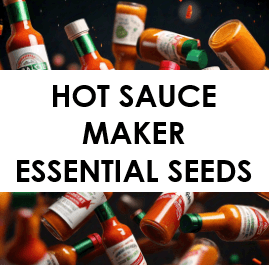 Various hot sauce bottles with green and red caps floating against a dark background, surrounding a central white rectangle with black text reading "Hot Sauce Maker Essential Seeds".