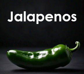 A single green jalapeño pepper rests on a dark surface with the word "Jalapenos" displayed in bold white text above it.