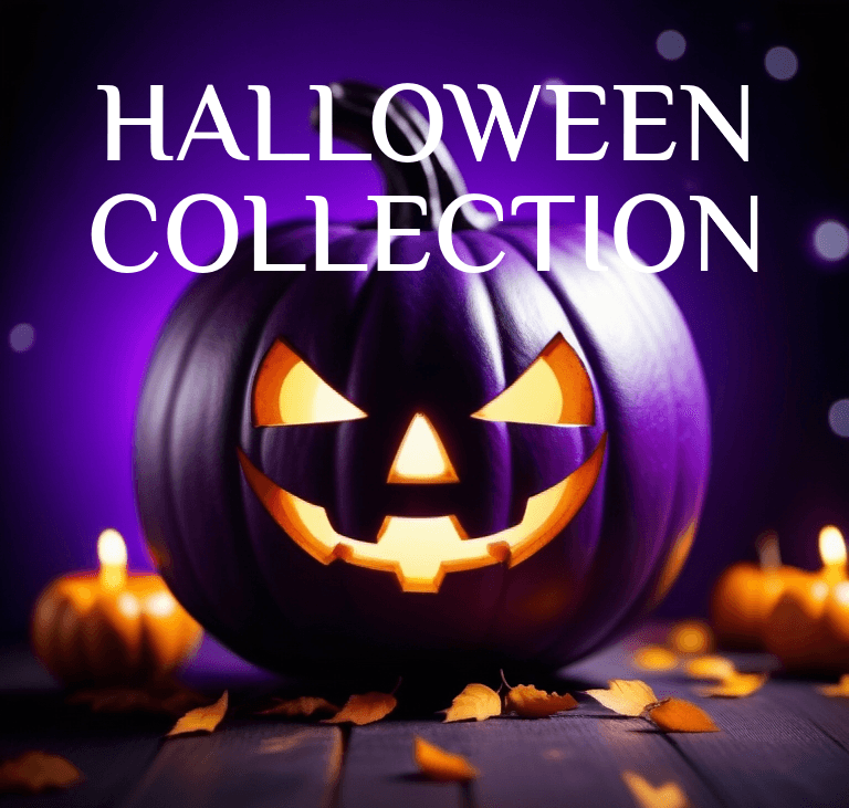 A carved jack-o'-lantern with a sinister grin glows against a purple backdrop with the text "Halloween Collection" above it. Small pumpkins and scattered autumn leaves decorate the foreground.