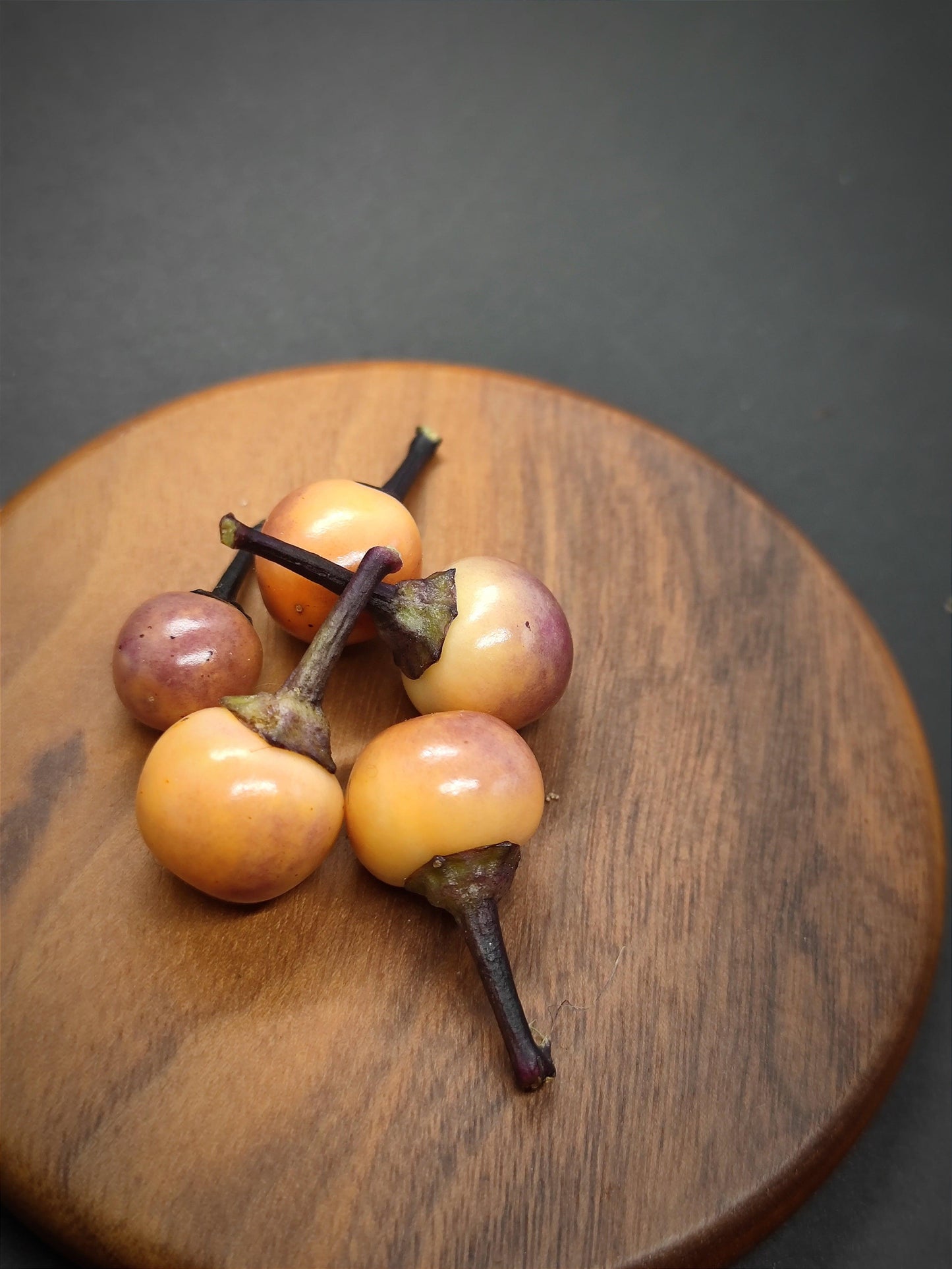 Five small, round yellow and purple fruits with short stems sit on a wooden tray against a dark PepperMerchant.net Midwest Midnight background.