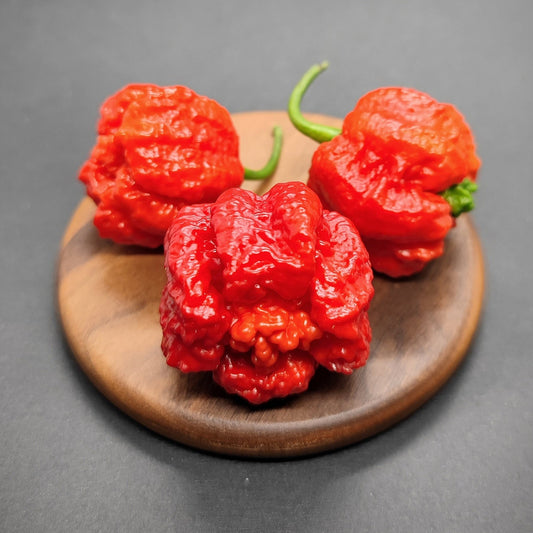 Three vibrant red Carolina Reaper x 7Pot Lava peppers, recognized for their intensely hot seeds and distinctively wrinkled texture, are displayed on a small wooden tray against a dark gray background. Brought to you by PepperMerchant.net.