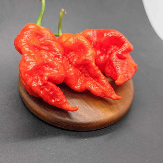 PM 035 ghost peppers from PepperMerchant.net, known for their vibrant red hue, distinctive wrinkled texture, and unique seeds, are elegantly arranged on a wooden plate against a dark background. The formation of the peppers creates an eye-catching display.