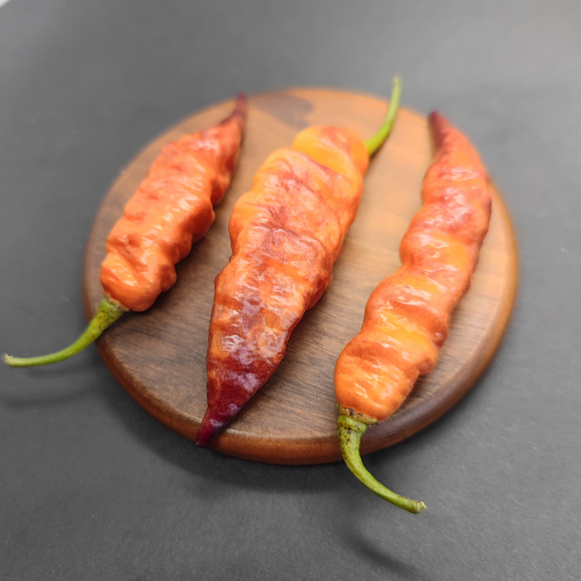 Three orange, elongated Pseudo Ganzo Pastel chili peppers from PepperMerchant.net, with distinct green stems, are elegantly arranged on a round wooden cutting board against a dark gray background.