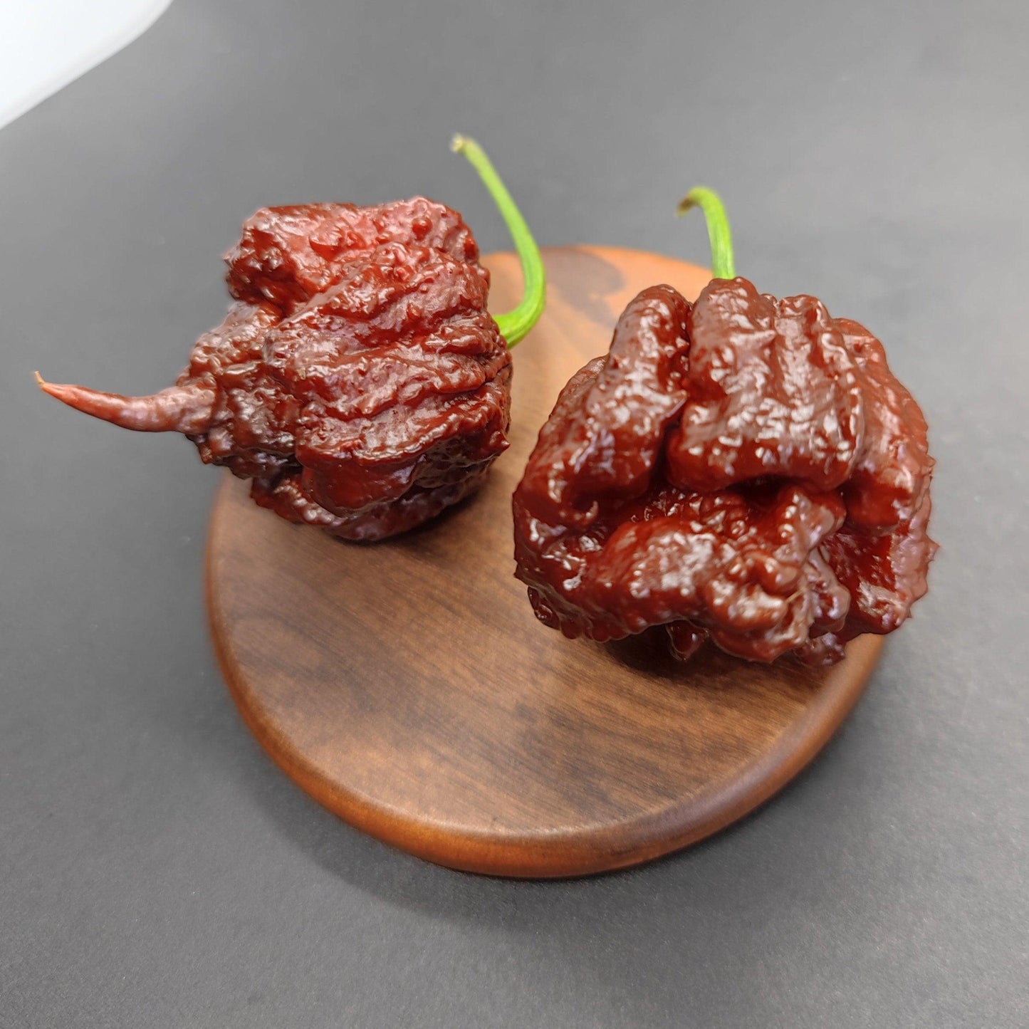 Two dark red Carolina Reaper peppers with wrinkled and bumpy textures are placed on a round wooden board. Their green stems are intact, and the peppers exhibit an uneven surface typical of this 2,000,000 SHU chili variety from PepperMerchant.net, known for its extreme spiciness rivaling that of the Chocolate Brainstrain.