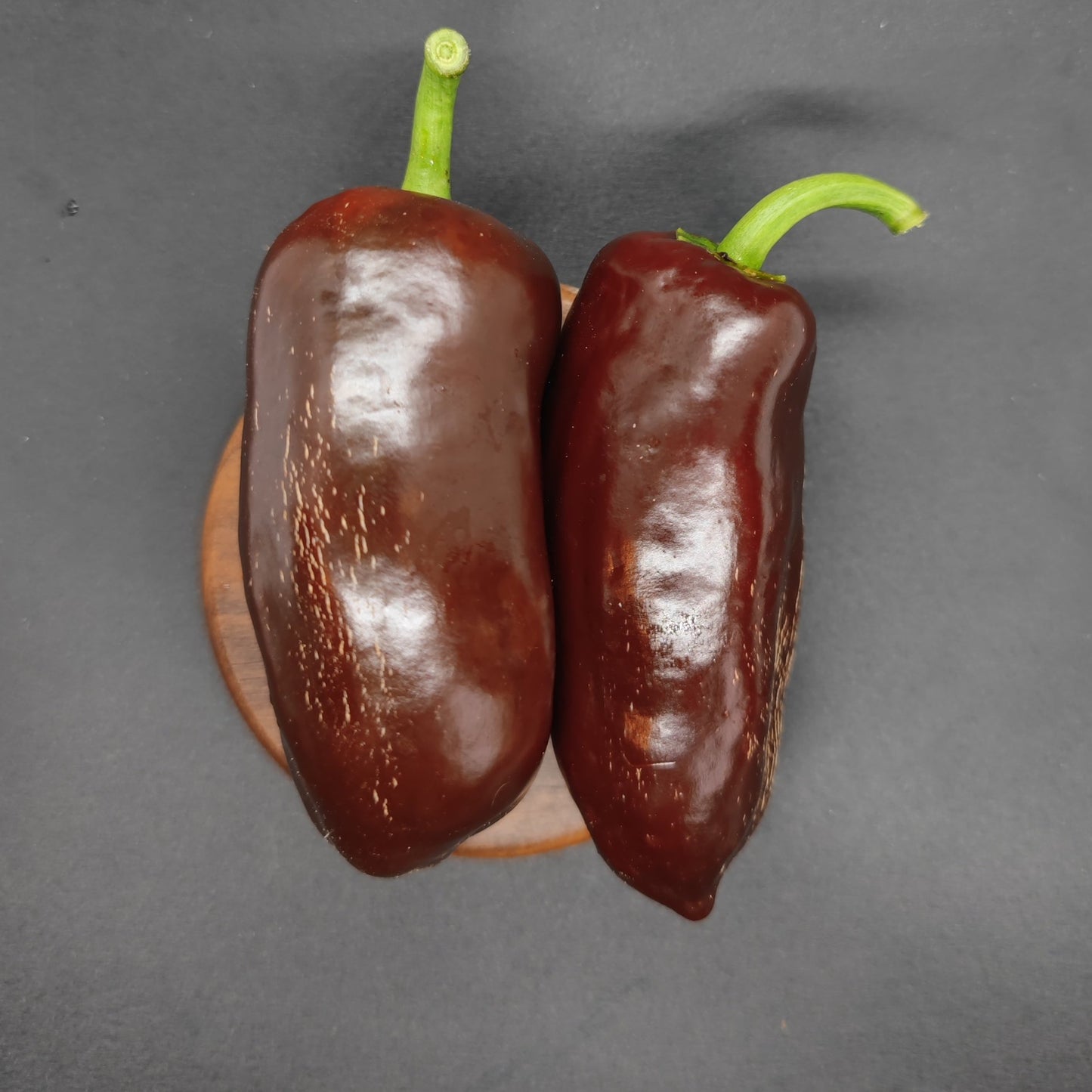 Two Mocha Mocha peppers from PepperMerchant.net, with glossy brown skins and vibrant green stems, rest on a round wooden board against a black background, resembling exquisite chocolate pods.