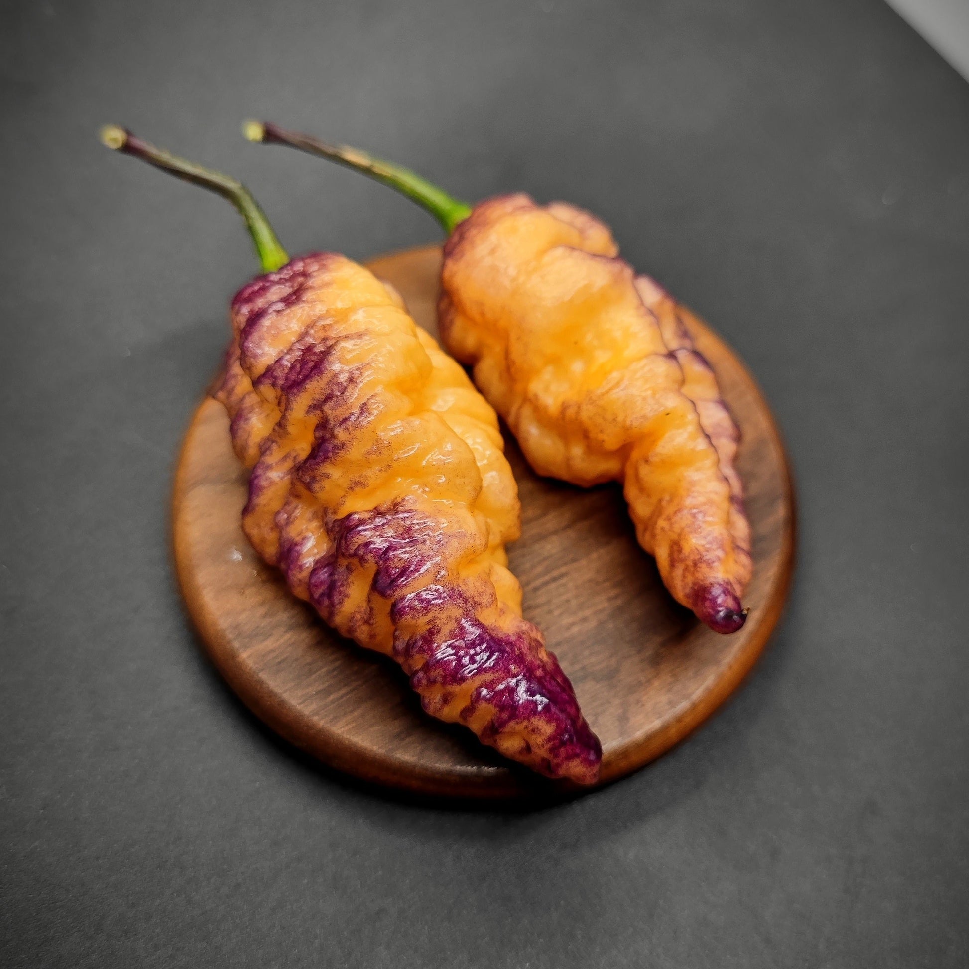 Two BBG Hellwalker Peach peppers from PepperMerchant.net, featuring vibrant orange and purple bumpy skins, rest on a small round wooden dish against a dark background. These superhot gems are available exclusively in limited packs for those daring enough to try them.