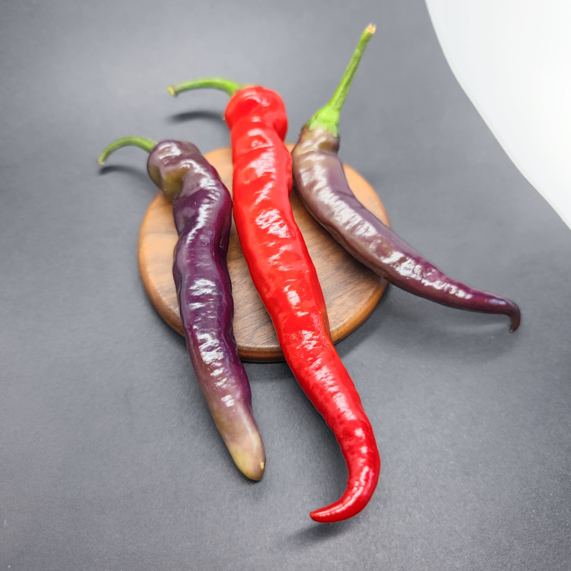 Three long Tiger-less Jalapeno peppers from PepperMerchant.net—two color-shifting purple and one red—are arranged on a small round wooden board against a dark gray background.