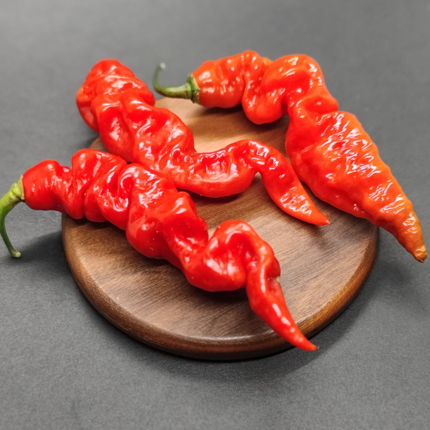 Four wrinkled, bright red Zou-Pi x Ghost chili peppers with twisted shapes rest on a small wooden board—perfect for those craving intense heat from PepperMerchant.net.