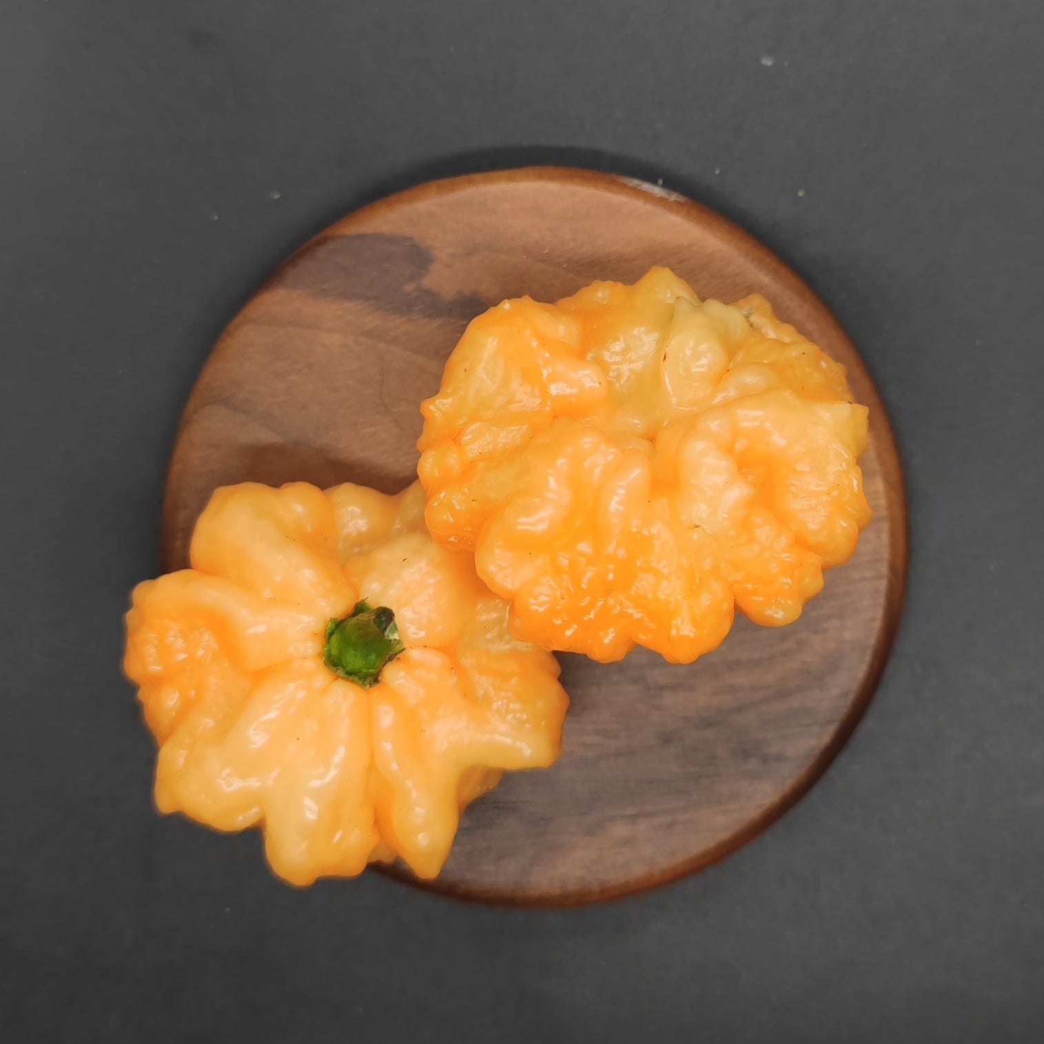 Two wrinkled, orange-yellow Goat Brain peppers from PepperMerchant.net with green stems sit on a round wooden plate against a dark background.