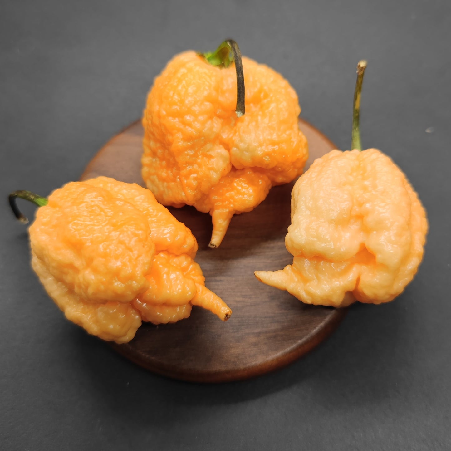 Three wrinkled, orange Peach Reaper chili peppers from PepperMerchant.net with green stems rest on a small round wooden board against a black background—these super hot peppers are famed for their fiery heat and distinctive seeds.
