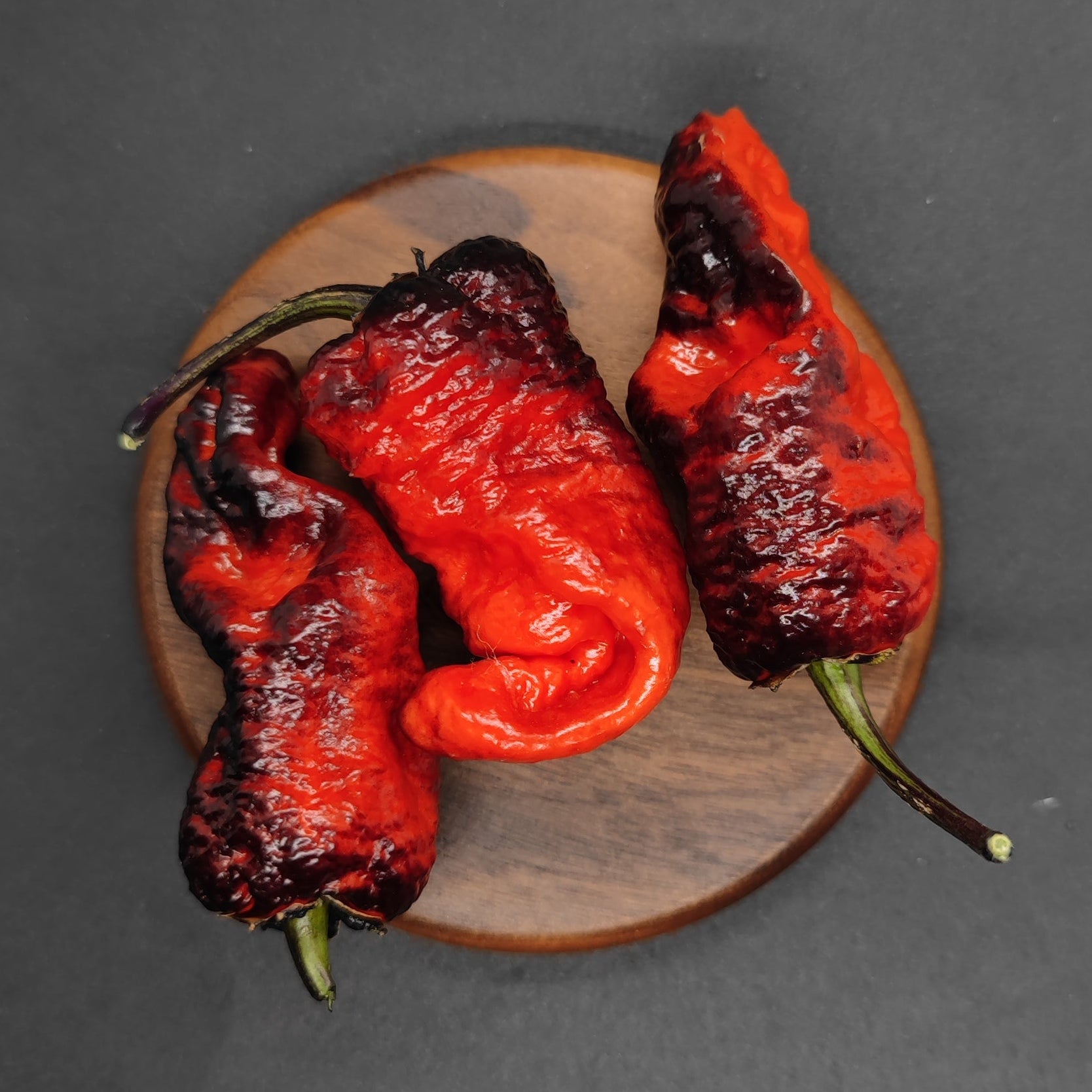 Three wrinkled, red and black scorched chili peppers from PepperMerchant.net's XIII 003 are arranged on a small round wooden board against a dark background.