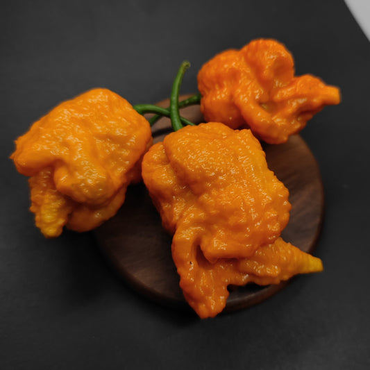 Three crispy golden Fried Chicken pieces from PepperMerchant.net rest on a round wooden surface against a dark background, highlighting their crunchy coating and suggesting the delicious flavor inside.