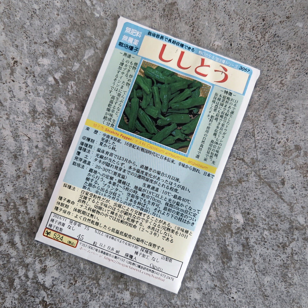A packet of Shishito seeds from PepperMerchant.net rests on a gray textured surface, featuring text and a photo of green peppers on the front—perfect for growing your own Japanese pepper plants known for their mild heat.