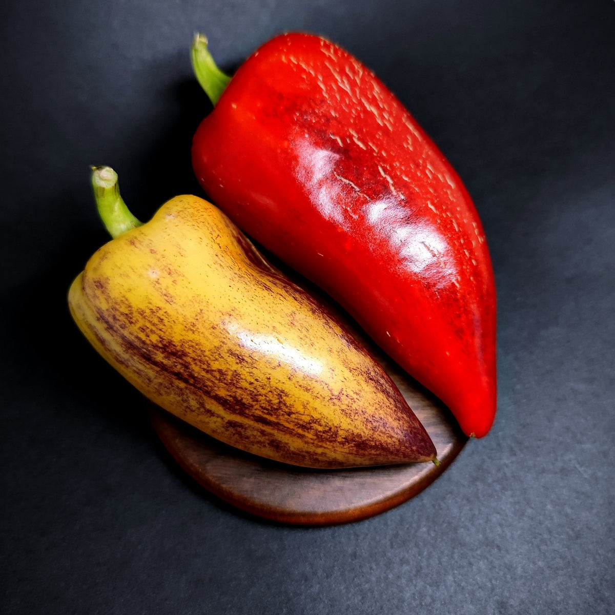 A Violet Sparkle solid red cooking pepper and a yellow pepper with brown streaks resting on a small wooden coaster.