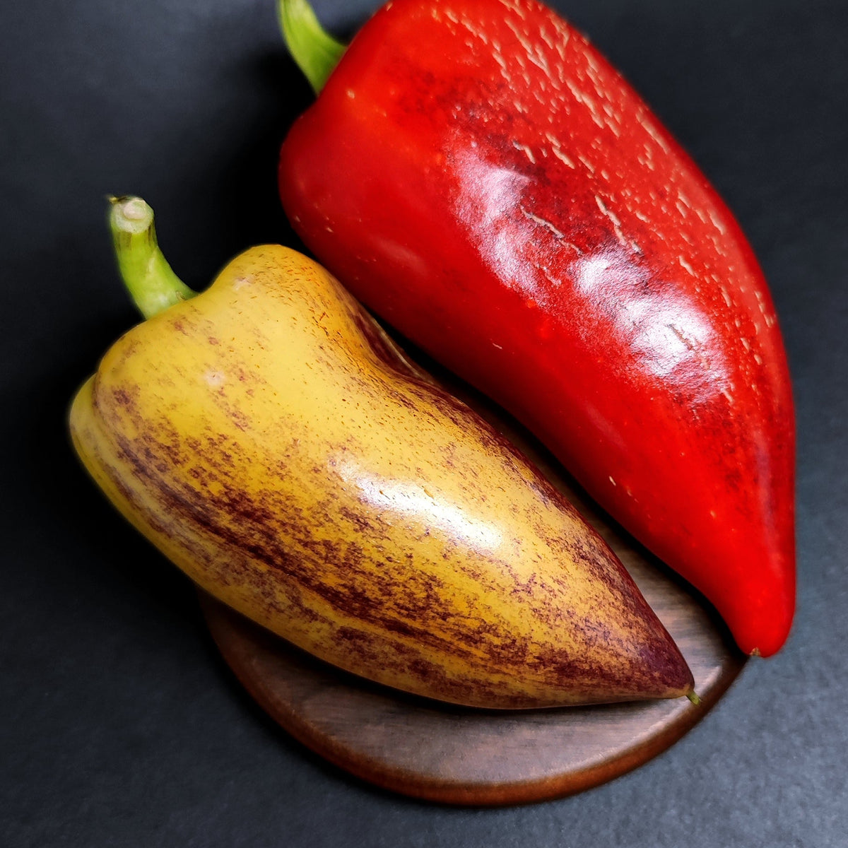 A red and a yellow Violet Sparkle pepper with brown streaks sitting on a small wooden coaster.