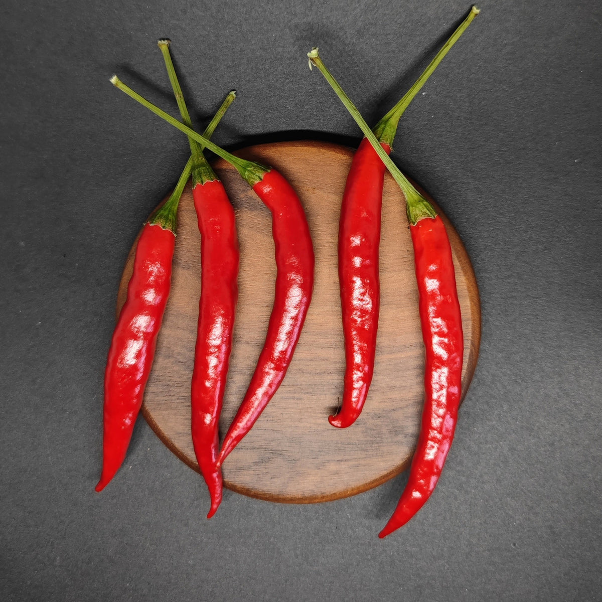 Five long, red Yatsufusa (Yatzy) chili peppers arranged on a circular wooden coaster.