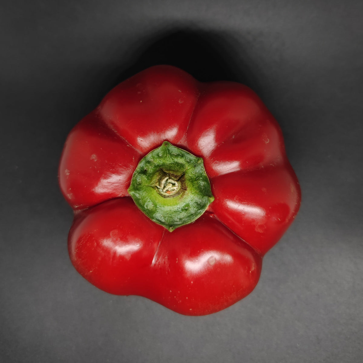 A single, ripe Paprika heirloom pepper seen from above.