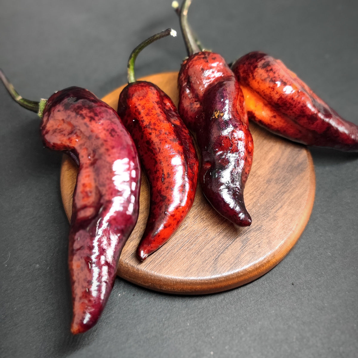 Four glossy, dark ruby Dark Ruby peppers resting on a small wooden disc.