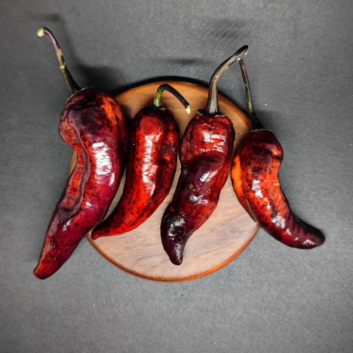 Four dark red, mottled Dark Ruby peppers resting on a small wooden disc.