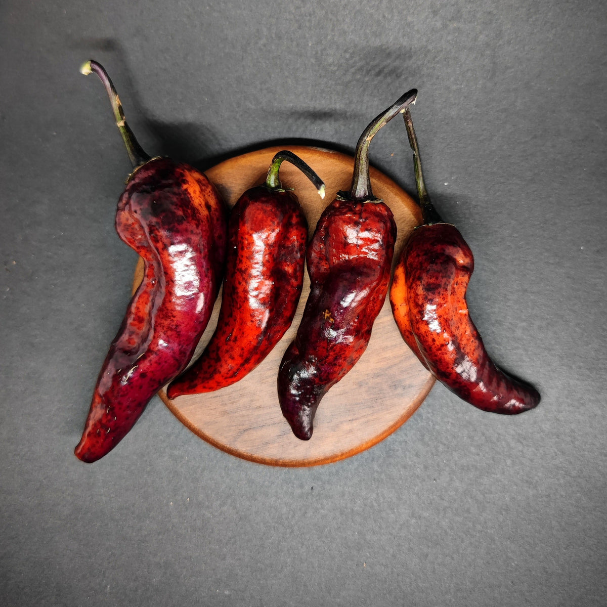 Four dark red and purple mottled Dark Ruby peppers arranged on a circular wooden base.