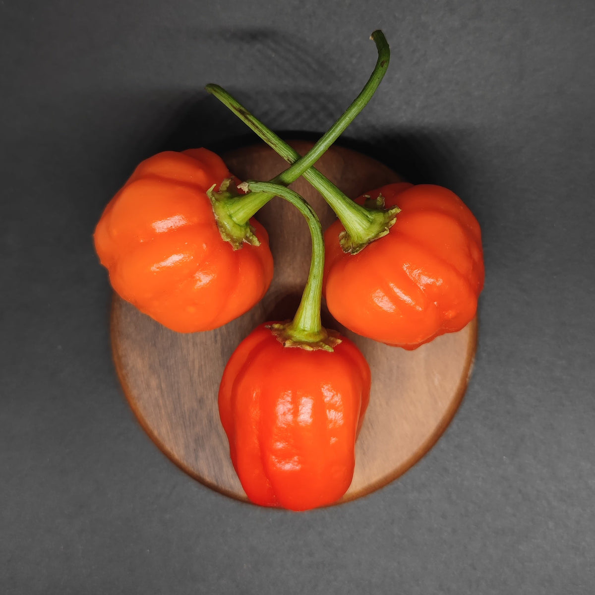 Three orange Peppa Peach peppers with green stems arranged on a small circular wooden board.