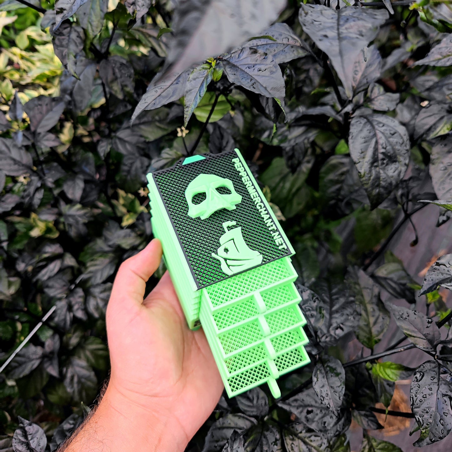 A hand holds the Seed Dryer - Limited Glowing Edition by PepperMerchant.net, featuring bright green and black colors, skull designs, and vented compartments, set against dark leafy plants in the background.