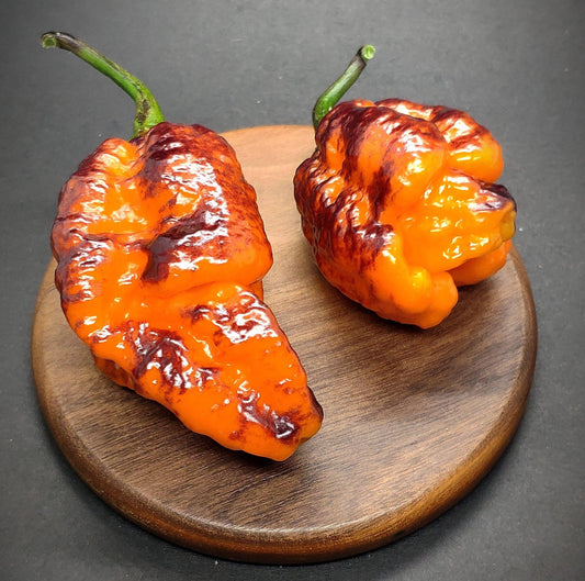 Two vibrant Pockmark Orange peppers from PepperMerchant.net, featuring dark, scaly patches, rest on a small, round wooden cutting board against a dark background. Their irregular and bumpy pod shapes are accentuated by contrasting green stems, enhancing their fiery appearance.