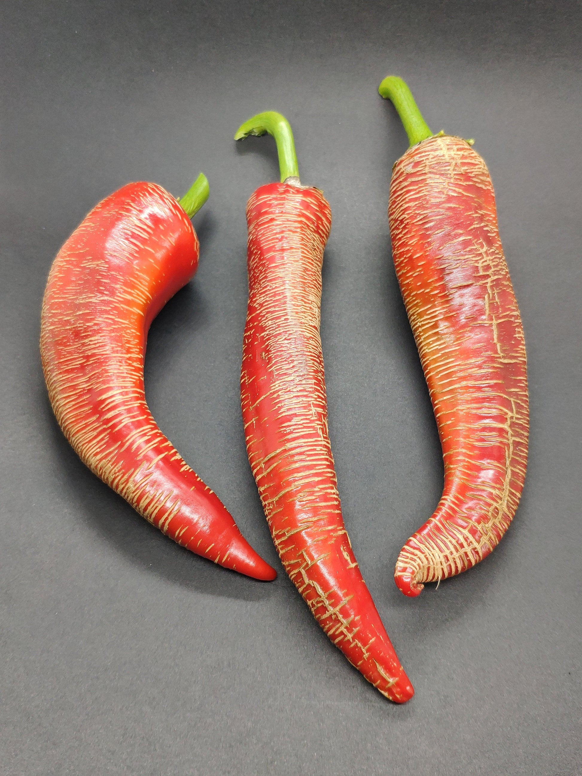 Three red Vezenka chili peppers from PepperMerchant.net with green stems are displayed on a dark surface. The peppers have a wrinkled and textured appearance, exhibiting natural striations and slightly curved shapes, ideal for both ornamental and culinary purposes.