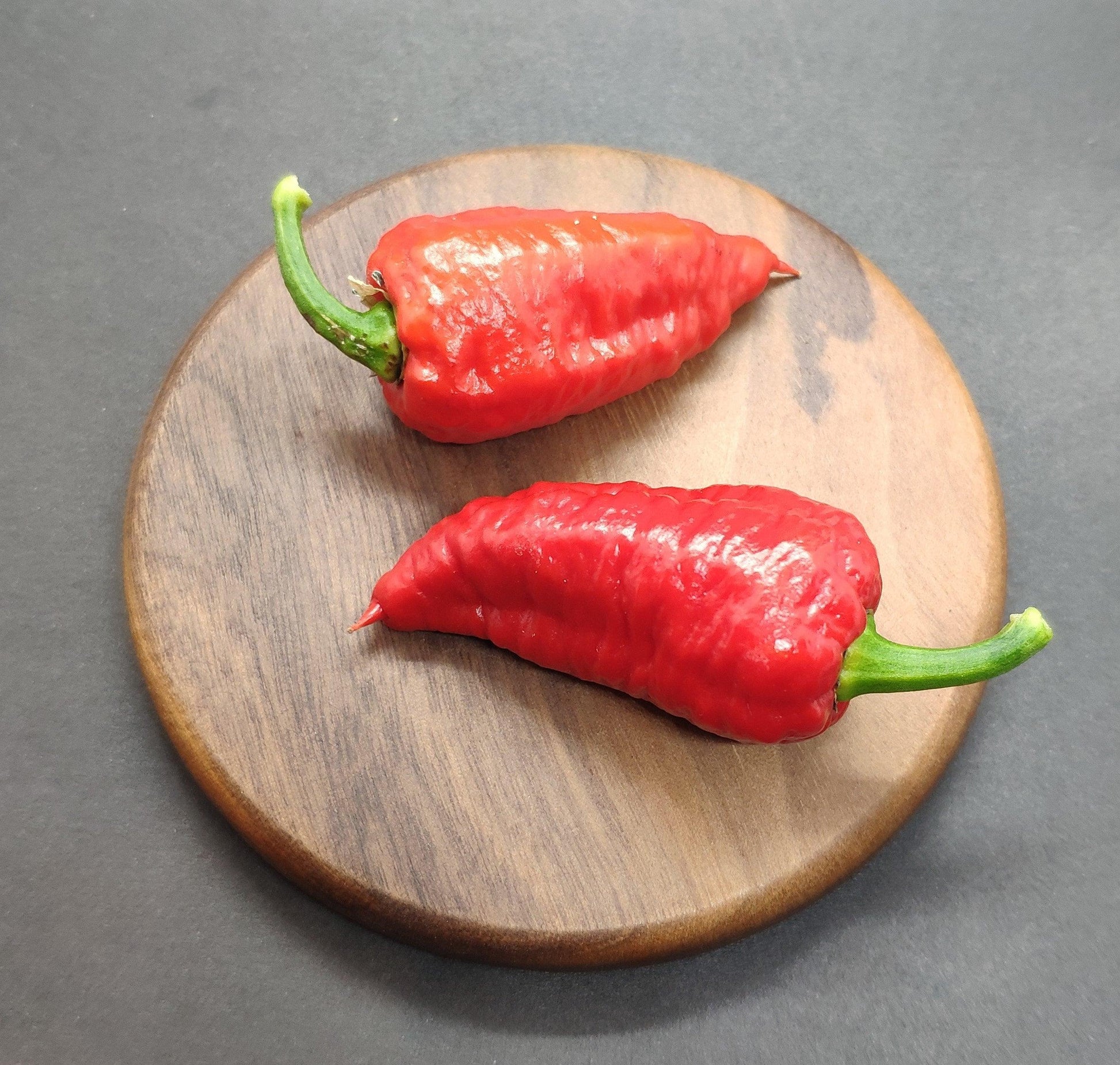 Two vibrant red chili peppers with green stems are placed on a round wooden board against a plain, dark background. The peppers, potentially Devils Brain from PepperMerchant.net, are fresh with glossy skin and arranged side by side, showcasing their intense heat and bright color.